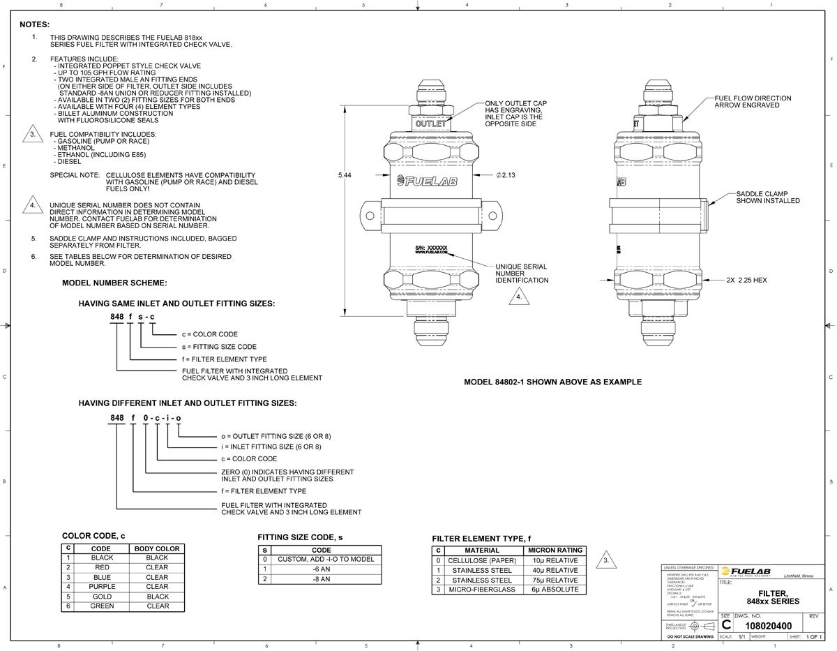Fuelab 848 Series In-Line Fuel Filter with Check Valve : -6AN Inlet/Oulet (Standard Length) #23953